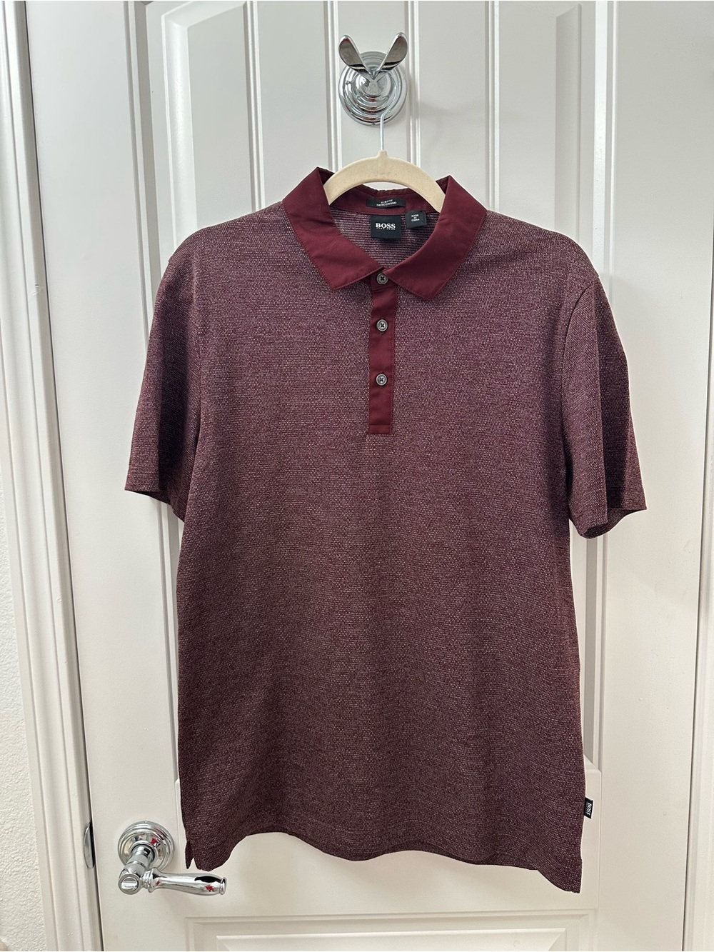 BOSS Men's Burgundy Heather Polo with Contrast Collar